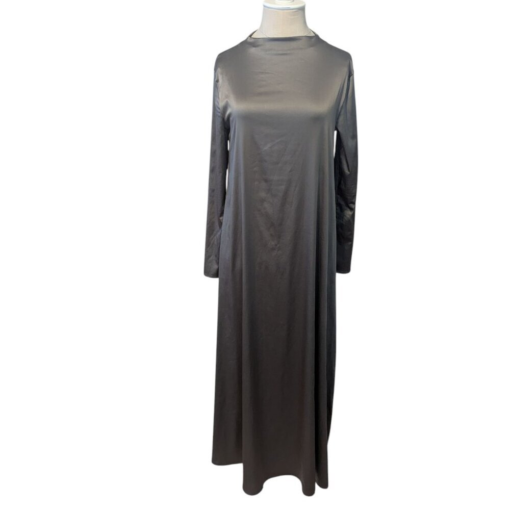 Zara Satin Dress Long Sleeve High Neck Modest Minimal A Line Stretch Maxi - Picture 2 of 8
